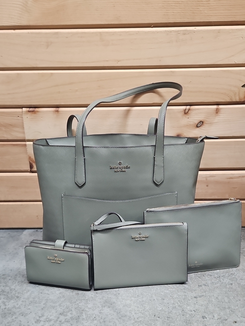kate spade sage green leather tote with coordinating pouches